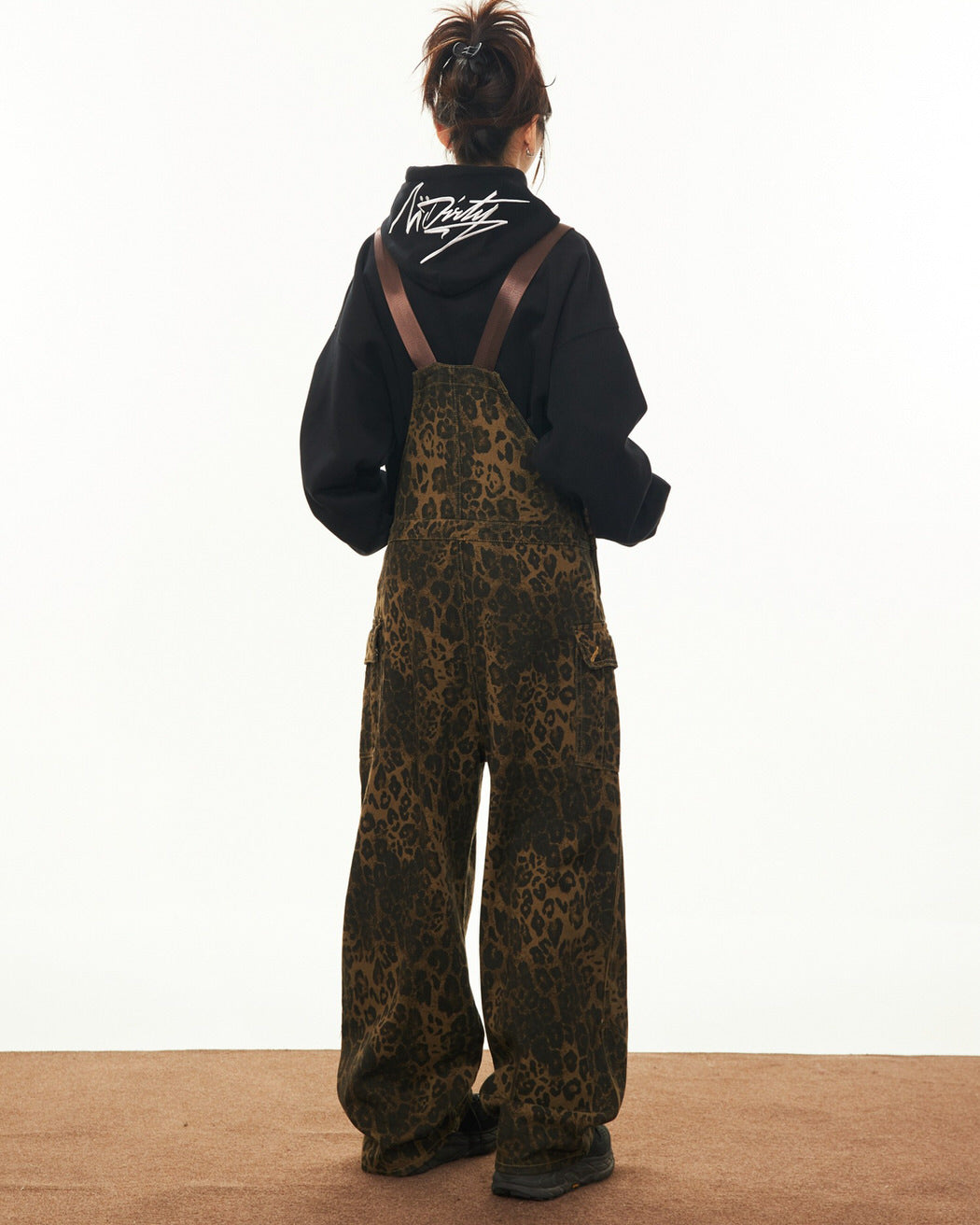 animal instincts leopard print denim overalls