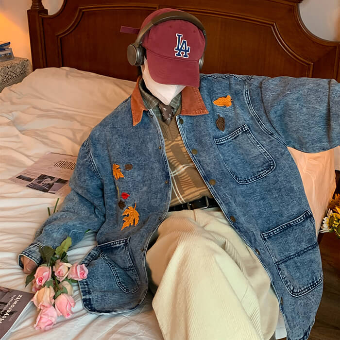 autumn leaves embroidery denim jacket