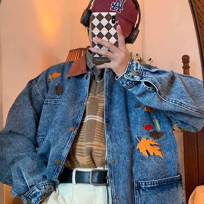 autumn leaves embroidery denim jacket