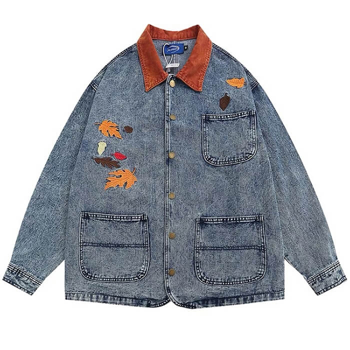 autumn leaves embroidery denim jacket