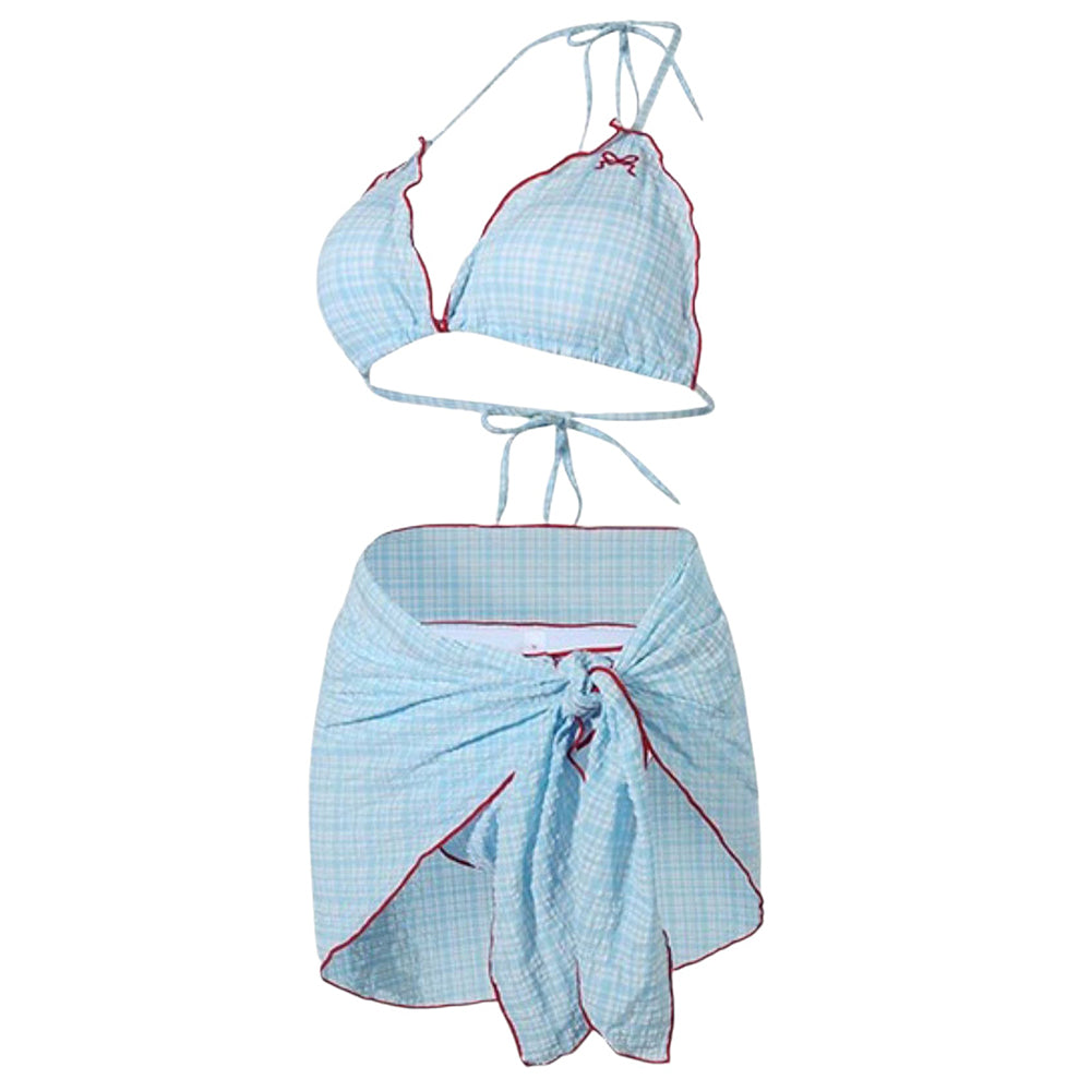 bow embroidery gingham bikini set & beach skirt