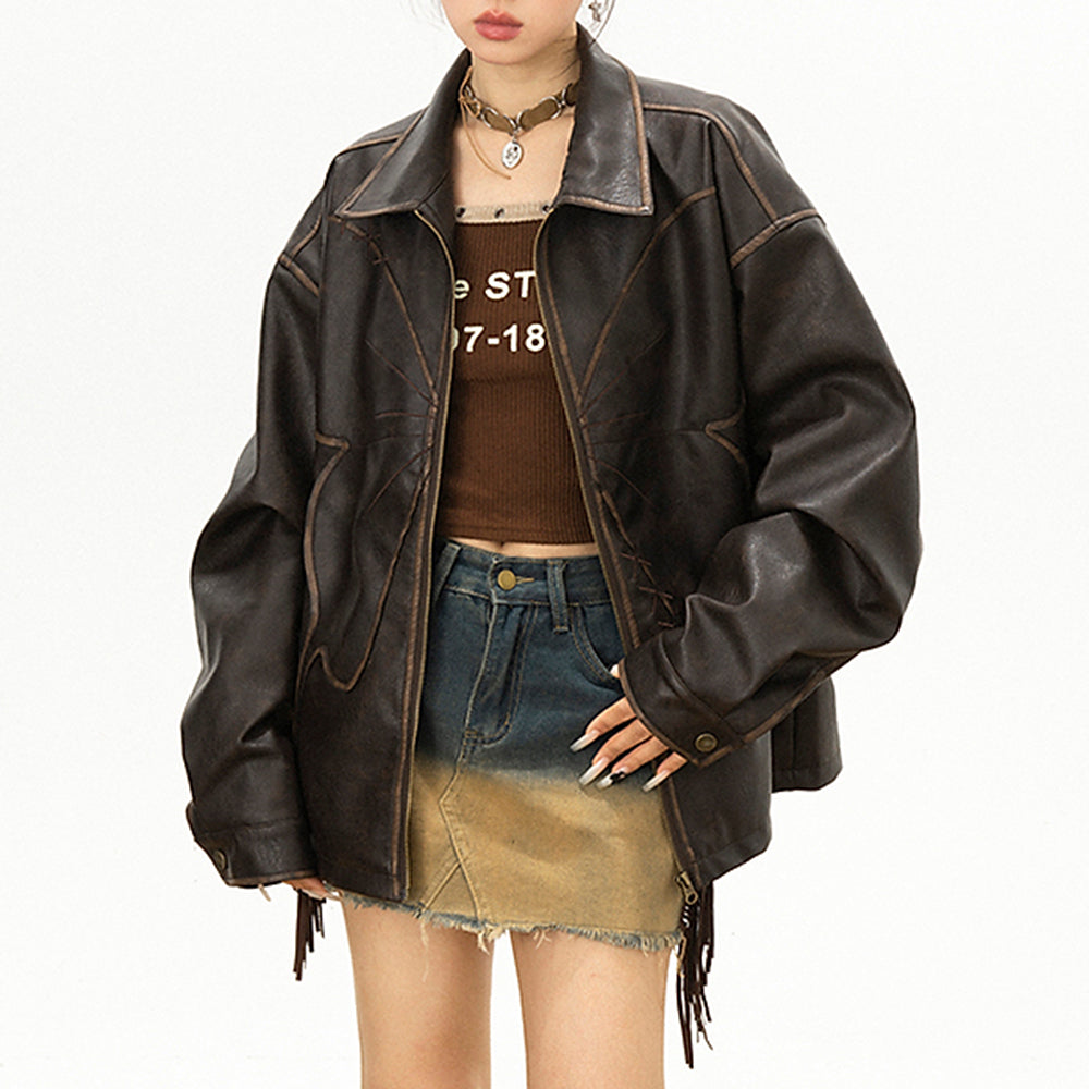 butterfly distressed leather jacket