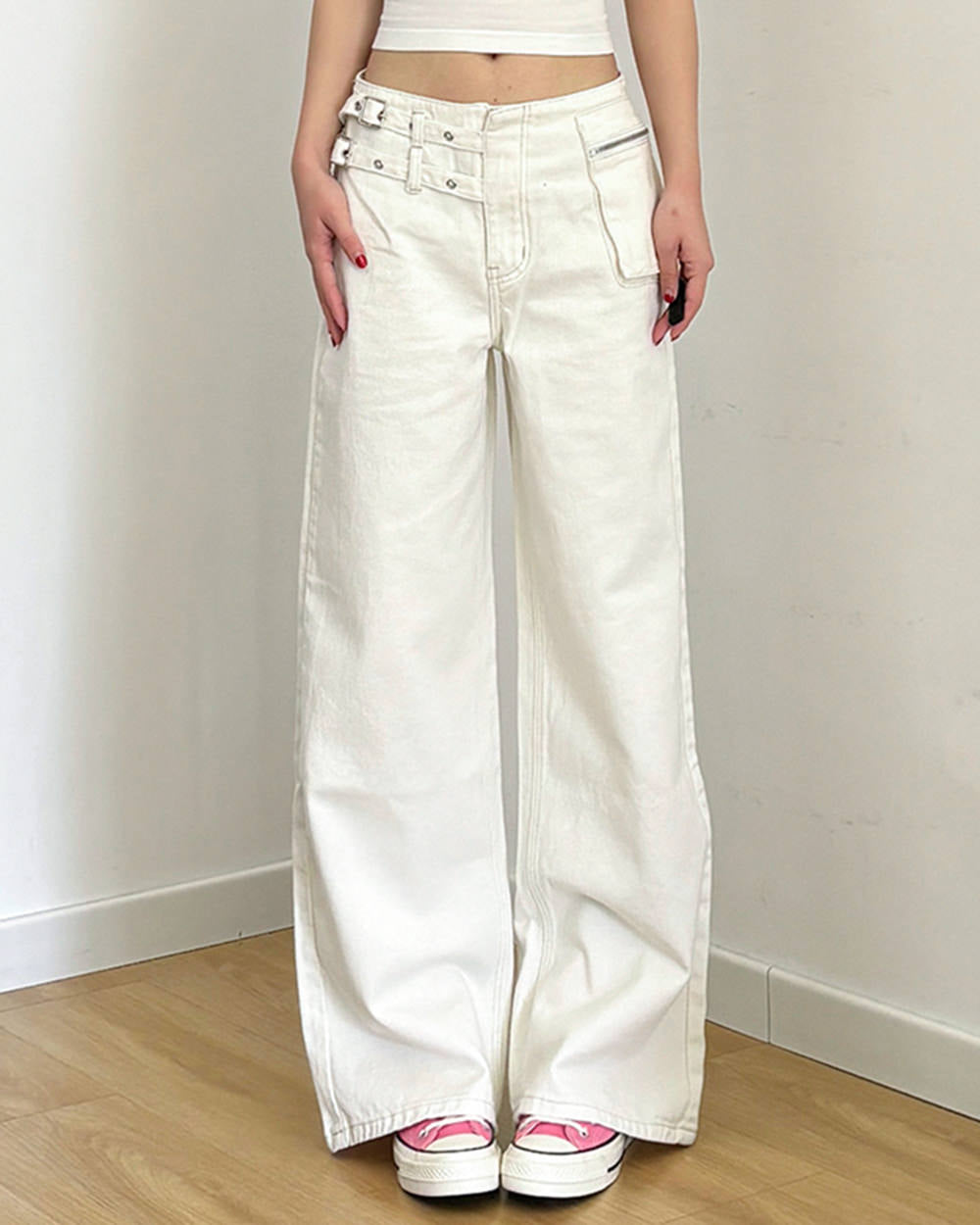 double buckle wide leg jeans