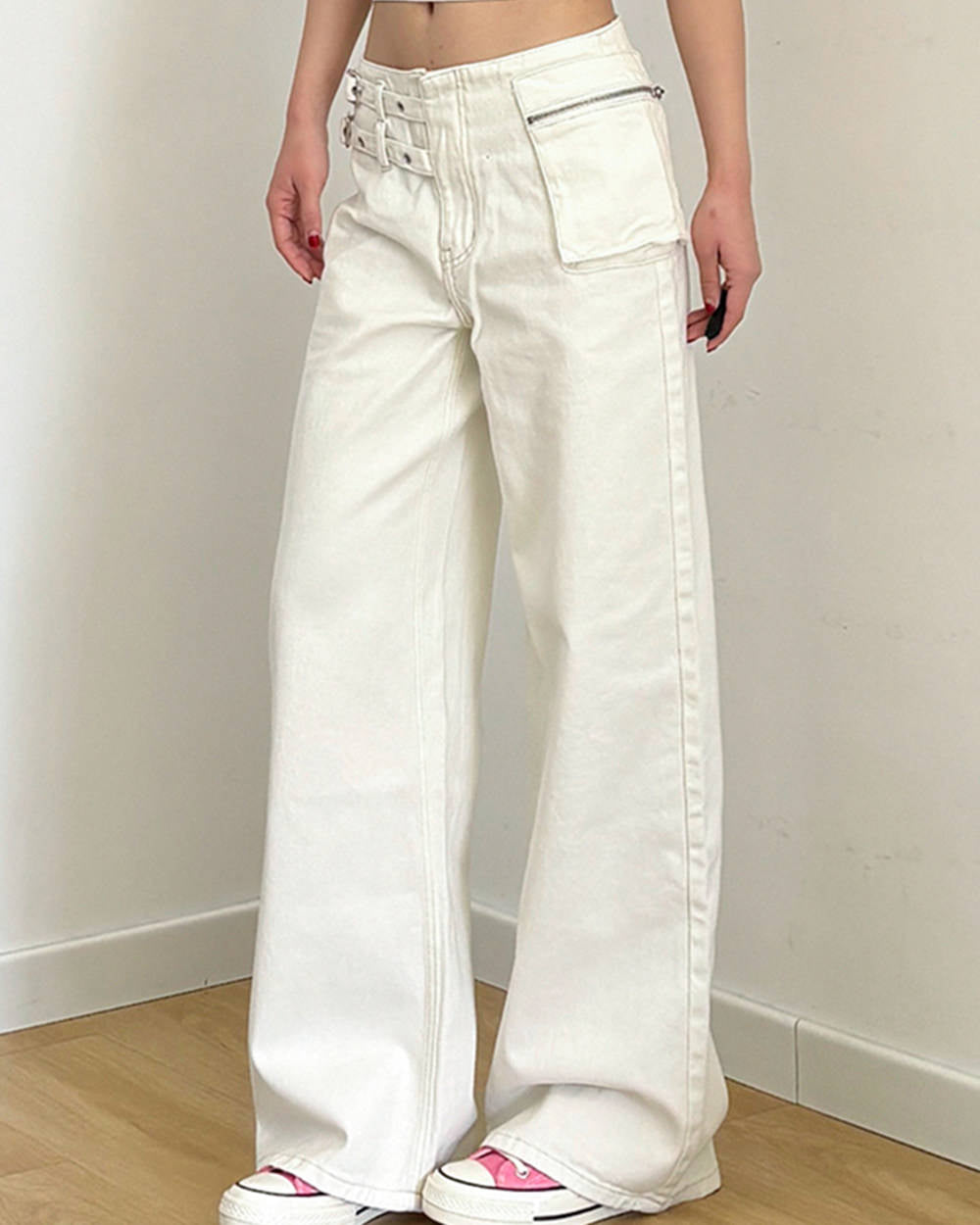 double buckle wide leg jeans