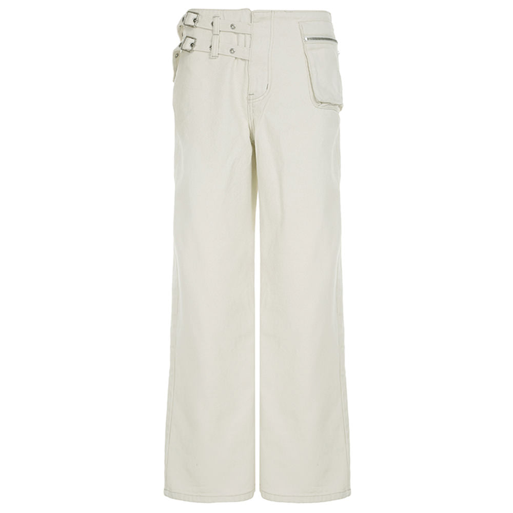 double buckle wide leg jeans