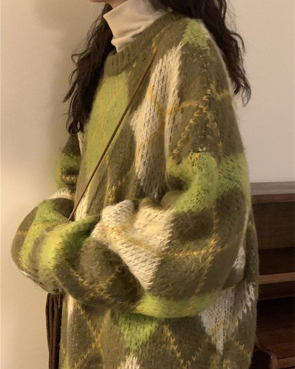new student green argyle sweater