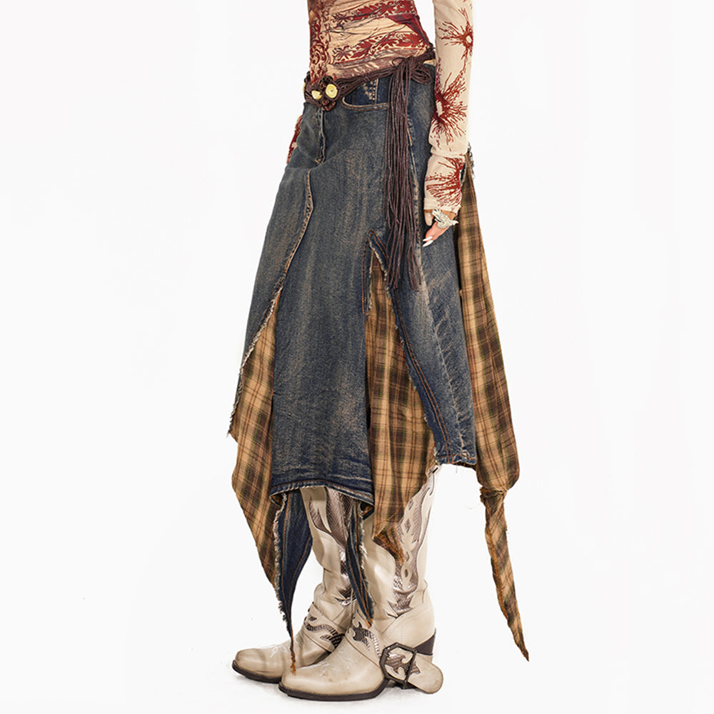 grunge patchwork plaid denim skirt