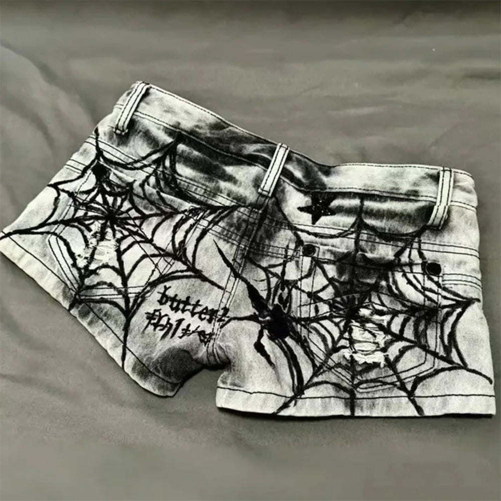 grunge spider web print denim shorts