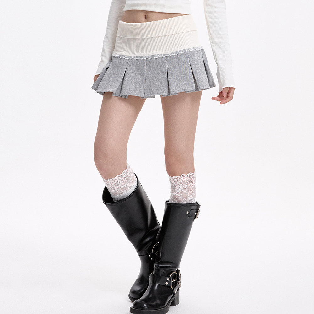 soft girl ribbed waist pleated mini skirt