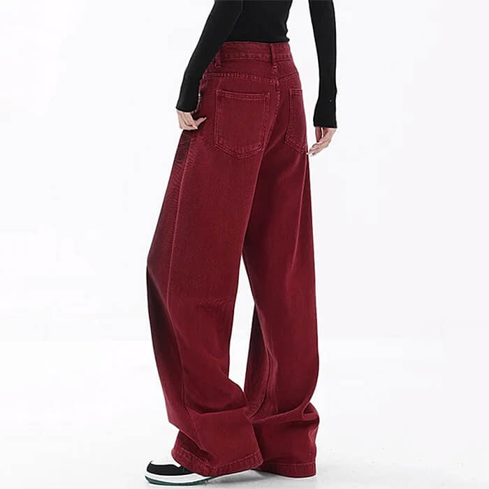 wine red faded wide leg jeans